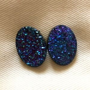 Peacock Druzy Sparkle Oval Stud Earrings